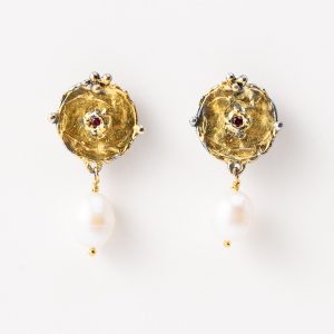 Cercei handmade argint/argint placat cu aur de 24k/argint placat cu foita de aur de 24k - Round stone Pearls